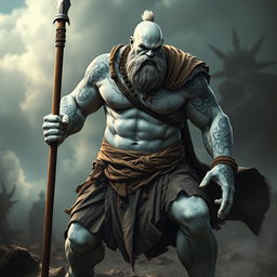 An imposing stone goliath battle monk depicted in a fierce battle stance, exuding strength and determination