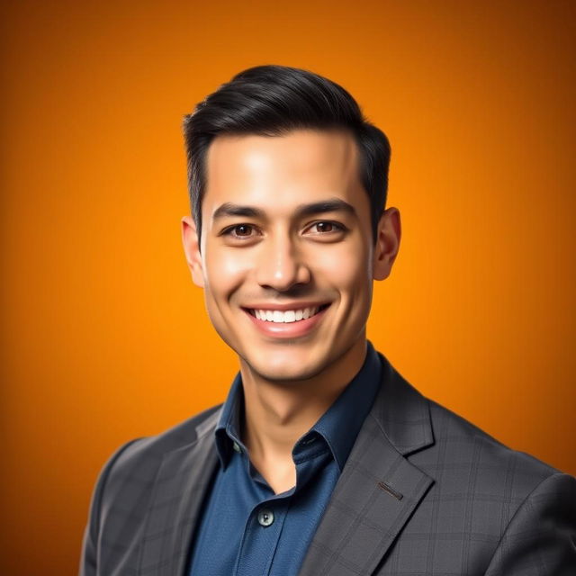 A professional LinkedIn profile picture featuring a well-dressed individual with a friendly smile, wearing a tailored suit, set against a warm yellow and orange gradient background