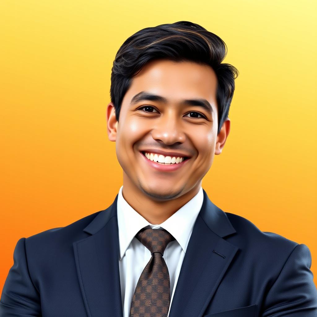 A professional LinkedIn profile picture featuring a well-dressed individual with a friendly smile, wearing a tailored suit, set against a warm yellow and orange gradient background