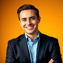A professional LinkedIn profile picture featuring a well-dressed individual with a friendly smile, wearing a tailored suit, set against a warm yellow and orange gradient background