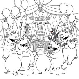 A lively black and white line drawing illustration of a crazy hippo circus birthday party