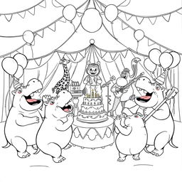 A lively black and white line drawing illustration of a crazy hippo circus birthday party