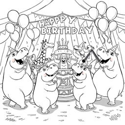 A lively black and white line drawing illustration of a crazy hippo circus birthday party