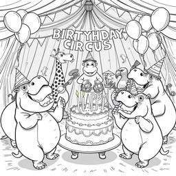 A lively black and white line drawing illustration of a crazy hippo circus birthday party