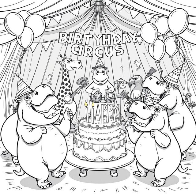 A lively black and white line drawing illustration of a crazy hippo circus birthday party