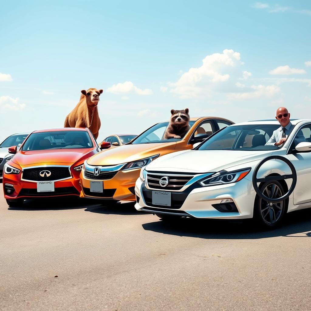 A surreal and whimsical scene featuring various cars driven by animals and a person: an Infiniti Q50 with a camel at the wheel, a shiny golden Honda Accord driven by a raccoon, a pristine white Nissan Altima piloted by a mole, and a sleek gray Volkswagen with a skinny person behind the steering wheel