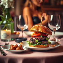 A beautifully arranged elegant dining table featuring a delicious gourmet burger with a juicy steak, garnished with fresh herbs and presented on fine china