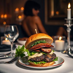 A beautifully arranged elegant dining table featuring a delicious gourmet burger with a juicy steak, garnished with fresh herbs and presented on fine china