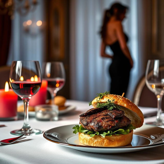 A beautifully arranged elegant dining table featuring a delicious gourmet burger with a juicy steak, garnished with fresh herbs and presented on fine china