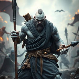 A formidable stone goliath battle monk captured in an intense battle stance, emanating strength and resolve