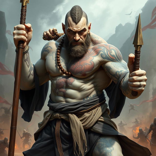 A formidable stone goliath battle monk captured in an intense battle stance, emanating strength and resolve