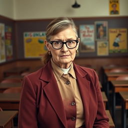 A strict Catholic school teacher in her 50s, wearing a formal and conservative outfit, exuding authority