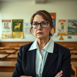 A strict Catholic school teacher in her 50s, wearing a formal and conservative outfit, exuding authority