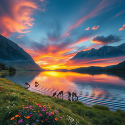 A breathtaking landscape of a serene lake surrounded by majestic mountains, reflecting the colorful hues of a vibrant sunset in the sky