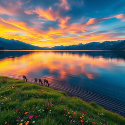 A breathtaking landscape of a serene lake surrounded by majestic mountains, reflecting the colorful hues of a vibrant sunset in the sky