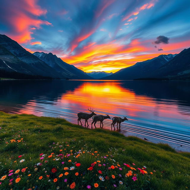 A breathtaking landscape of a serene lake surrounded by majestic mountains, reflecting the colorful hues of a vibrant sunset in the sky