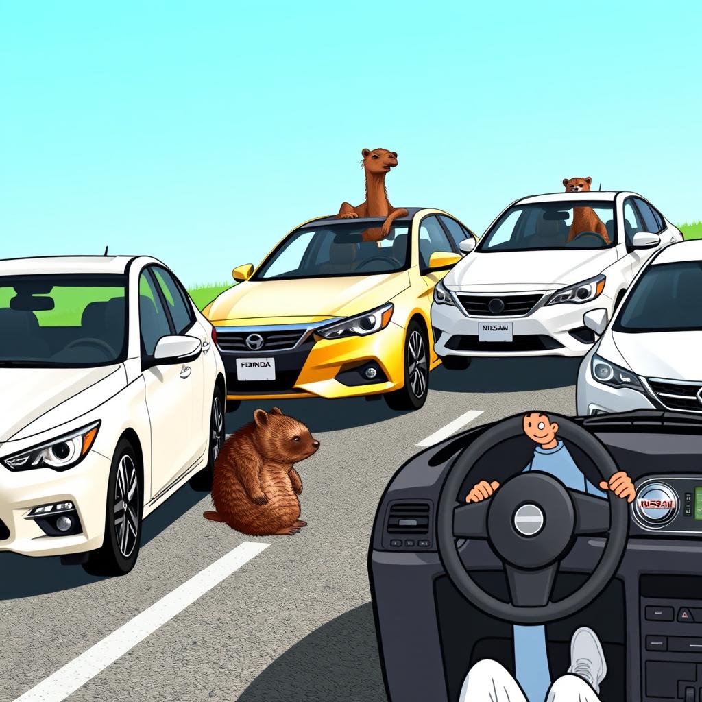 A whimsical and humorous scene featuring various cars driven by animals and a person: a white Infiniti Q50 with a camel at the wheel, a shiny golden Honda Accord driven by a raccoon, a classic white Nissan Altima piloted by a mole, and a stylish gray Volkswagen with a skinny person behind the steering wheel