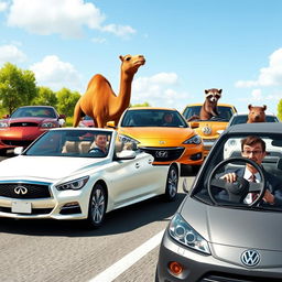 A whimsical and humorous scene featuring various cars driven by animals and a person: a white Infiniti Q50 with a camel at the wheel, a shiny golden Honda Accord driven by a raccoon, a classic white Nissan Altima piloted by a mole, and a stylish gray Volkswagen with a skinny person behind the steering wheel