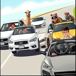 A whimsical and humorous scene featuring various cars driven by animals and a person: a white Infiniti Q50 with a camel at the wheel, a shiny golden Honda Accord driven by a raccoon, a classic white Nissan Altima piloted by a mole, and a stylish gray Volkswagen with a skinny person behind the steering wheel