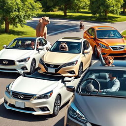 A whimsical and humorous scene featuring various cars driven by animals and a person: a white Infiniti Q50 with a camel at the wheel, a shiny golden Honda Accord driven by a raccoon, a classic white Nissan Altima piloted by a mole, and a stylish gray Volkswagen with a skinny person behind the steering wheel
