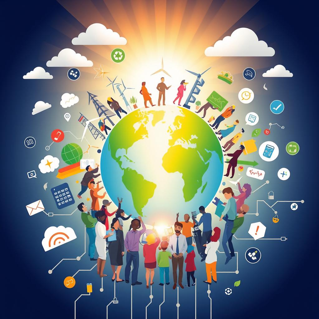 A visually striking digital poster illustrating innovative solutions to address global challenges