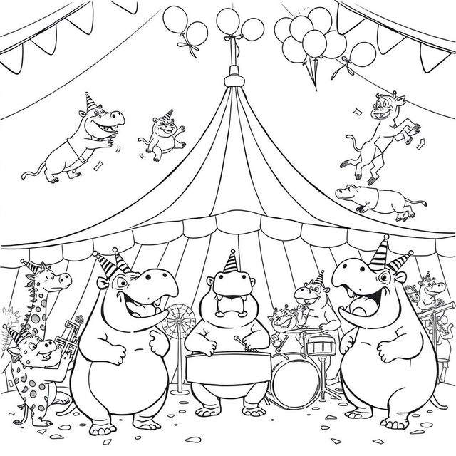 An exciting black and white line drawing illustration of a crazy hippo birthday party set in a circus