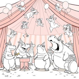 An exciting black and white line drawing illustration of a crazy hippo birthday party set in a circus