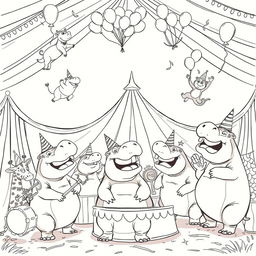 An exciting black and white line drawing illustration of a crazy hippo birthday party set in a circus