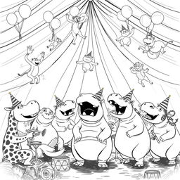 An exciting black and white line drawing illustration of a crazy hippo birthday party set in a circus