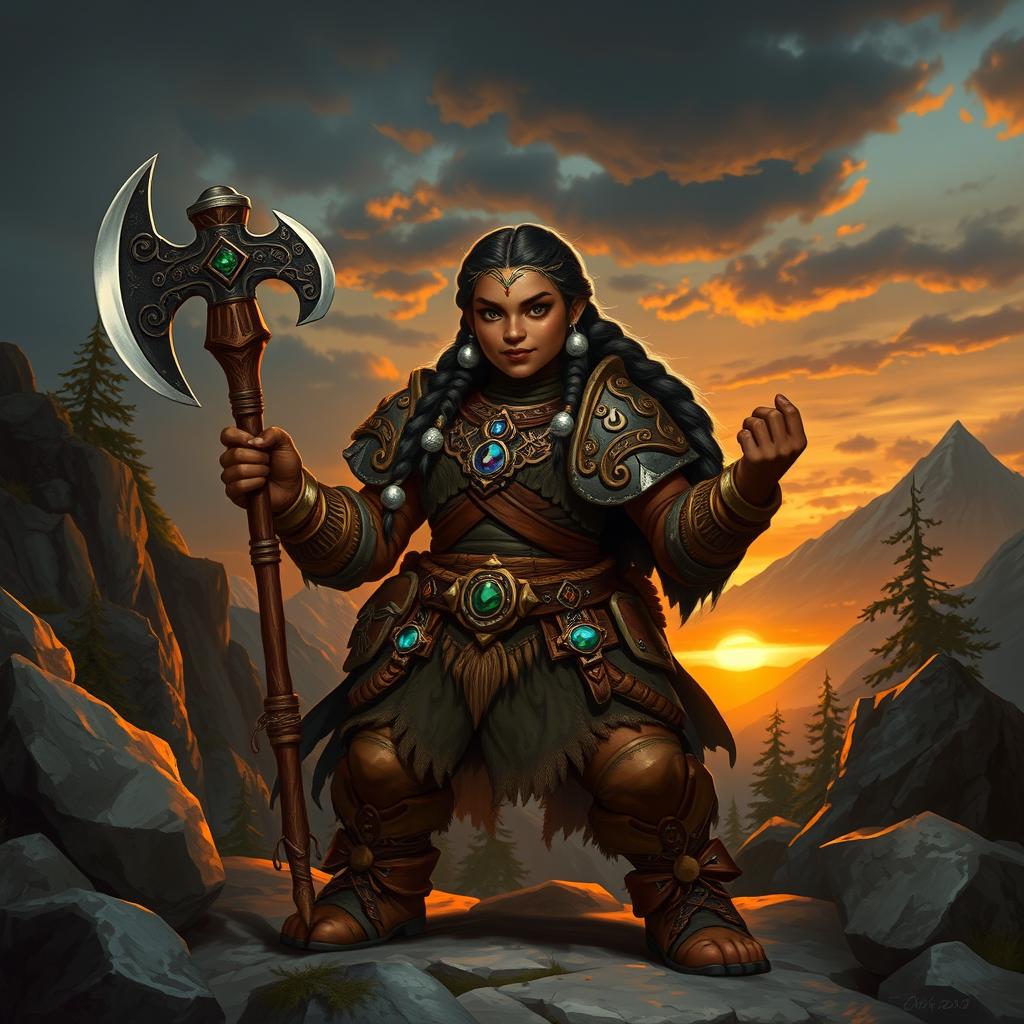 A dark-skinned mountain dwarf from Dungeons & Dragons, showcasing intricate armor adorned with gemstones and natural elements, wielding a powerful axe