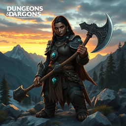 A dark-skinned mountain dwarf from Dungeons & Dragons, showcasing intricate armor adorned with gemstones and natural elements, wielding a powerful axe