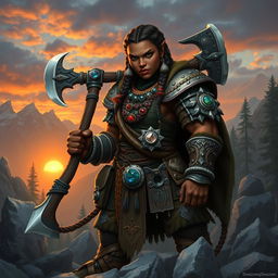 A dark-skinned mountain dwarf from Dungeons & Dragons, showcasing intricate armor adorned with gemstones and natural elements, wielding a powerful axe