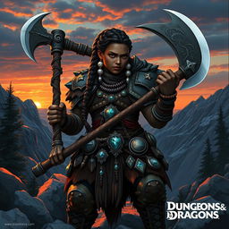A dark-skinned mountain dwarf from Dungeons & Dragons, showcasing intricate armor adorned with gemstones and natural elements, wielding a powerful axe