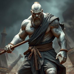 A powerful stone goliath battle monk depicted in a focused battle stance, radiating strength and seriousness