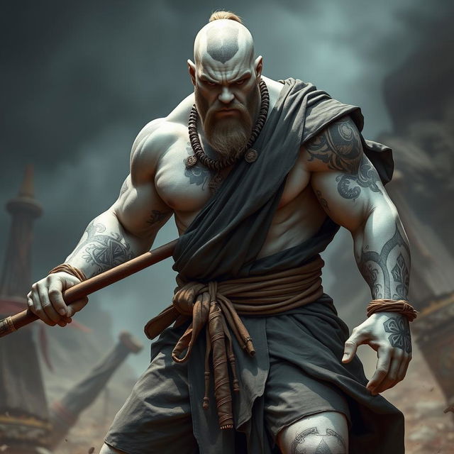 A powerful stone goliath battle monk depicted in a focused battle stance, radiating strength and seriousness