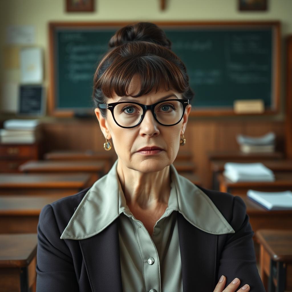 A strict Catholic school teacher in her 50s, wearing a formal and conservative outfit that reflects her authoritative stance