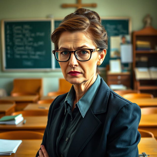 A strict Catholic school teacher in her 50s, wearing a formal and conservative outfit that reflects her authoritative stance