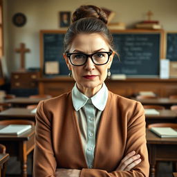 A strict Catholic school teacher in her 50s, wearing a formal and conservative outfit that reflects her authoritative stance
