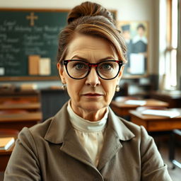 A strict Catholic school teacher in her 50s, wearing a formal and conservative outfit that reflects her authoritative stance