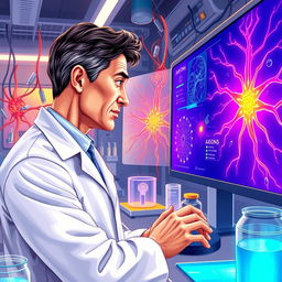 A detailed and vibrant illustration of a neurophysiologist at work in a high-tech laboratory