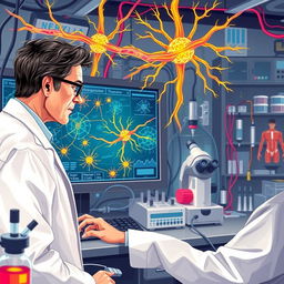 A detailed and vibrant illustration of a neurophysiologist at work in a high-tech laboratory