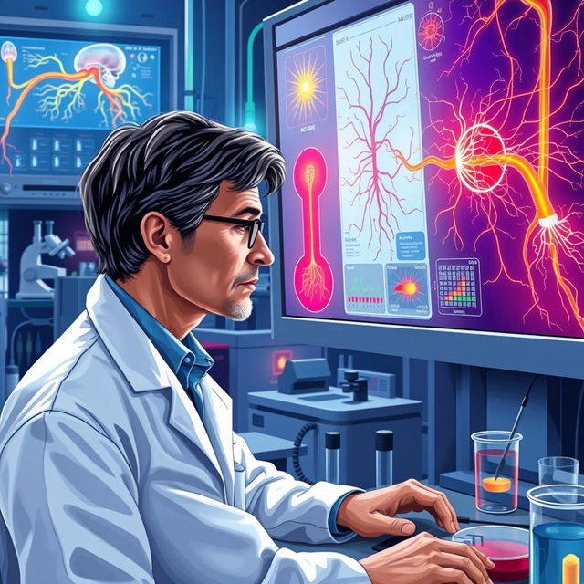 A detailed and vibrant illustration of a neurophysiologist at work in a high-tech laboratory