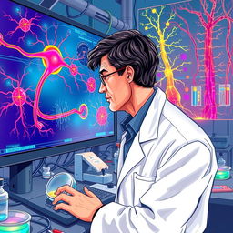 A detailed and vibrant illustration of a neurophysiologist at work in a high-tech laboratory