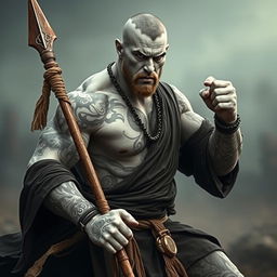 A stone goliath battle monk, embodying strength and focus, captured in a serious battle stance