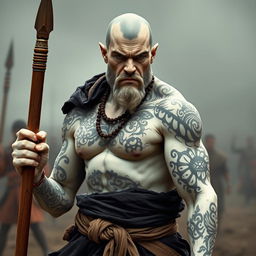 A stone goliath battle monk, embodying strength and focus, captured in a serious battle stance