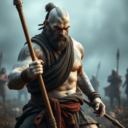 A stone goliath battle monk, embodying strength and focus, captured in a serious battle stance