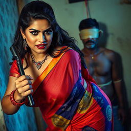 A sexy hot busty milf aunty wearing a vibrant saree and a low-cut blouse, bent forward in a commanding and assertive pose