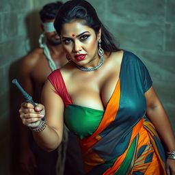 A sexy hot busty milf aunty wearing a vibrant saree and a low-cut blouse, bent forward in a commanding and assertive pose