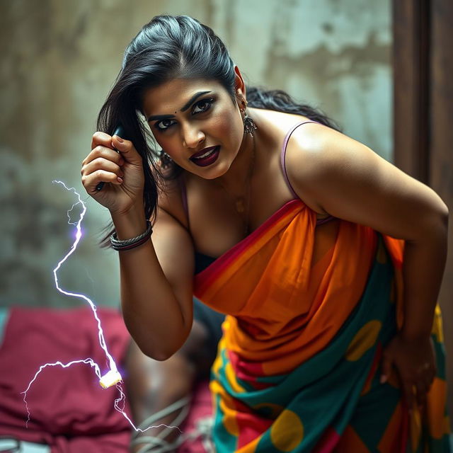 A sexy hot busty milf aunty wearing a vibrant saree and a low-cut blouse, bent forward in a commanding and assertive pose