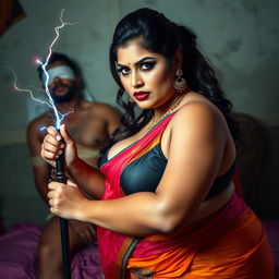 A sexy hot busty milf aunty wearing a vibrant saree and a low-cut blouse, bent forward in a commanding and assertive pose
